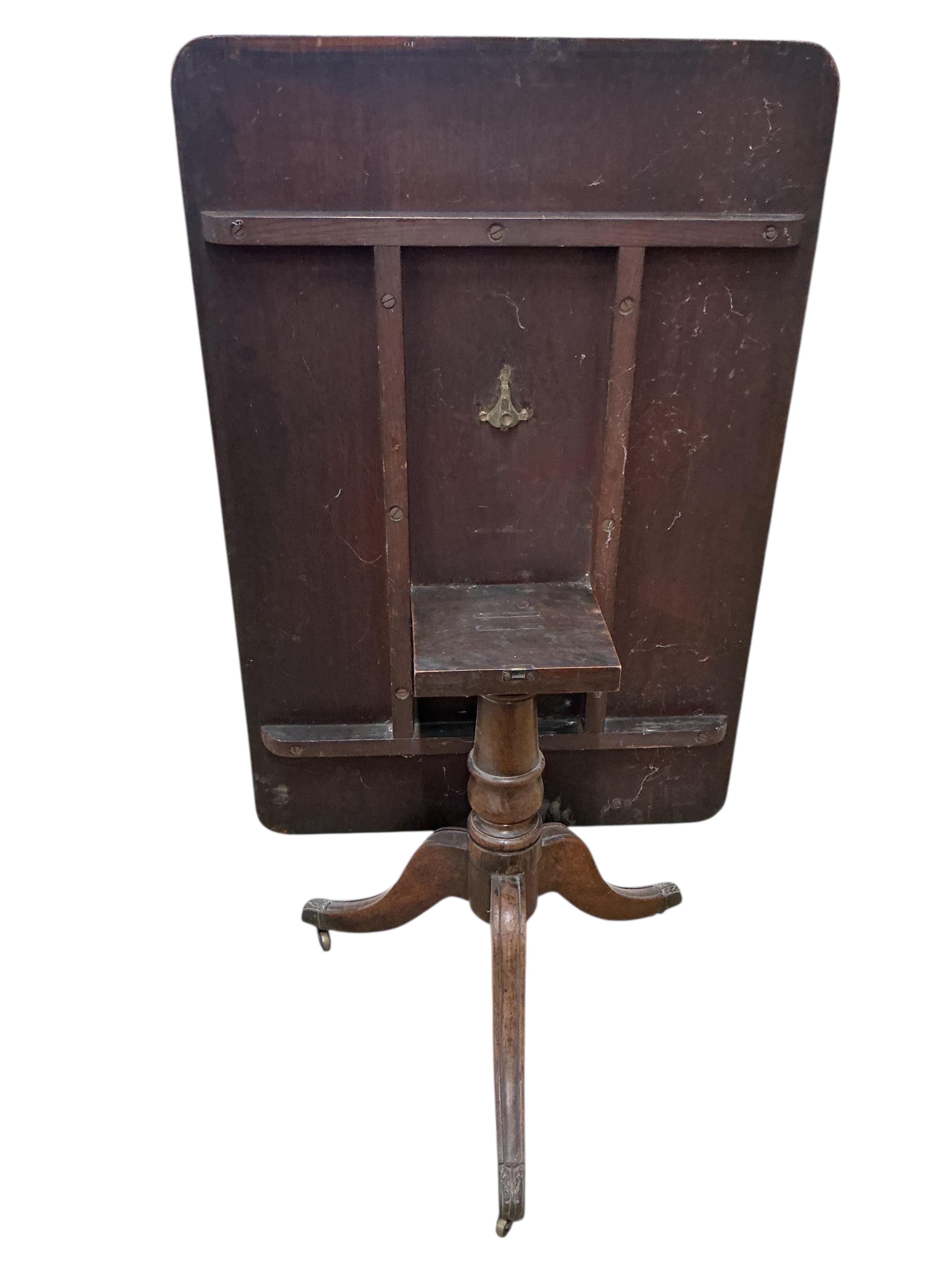 A Regency rectangular rosewood banded mahogany tilt top breakfast table, width 75cm, depth 111cm, height 71cm